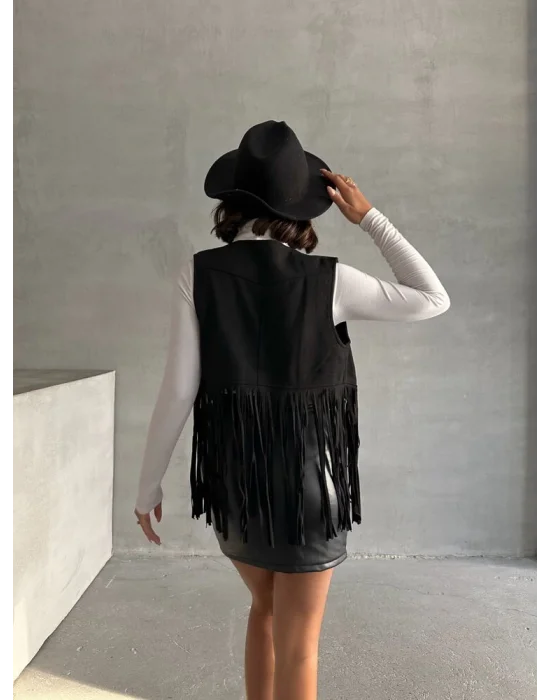 Kadın Püsküllü Siyah Süet Yelek