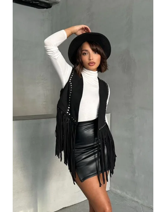 Kadın Püsküllü Siyah Süet Yelek