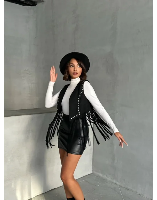 Kadın Püsküllü Siyah Süet Yelek