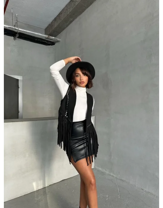 Kadın Püsküllü Siyah Süet Yelek