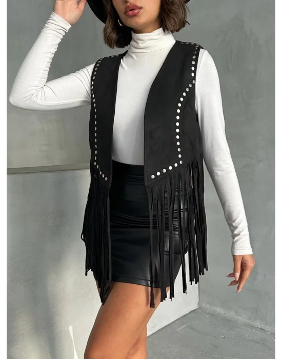 Kadın Püsküllü Siyah Süet Yelek