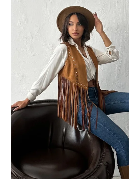 Kadın Püsküllü Süet Yelek