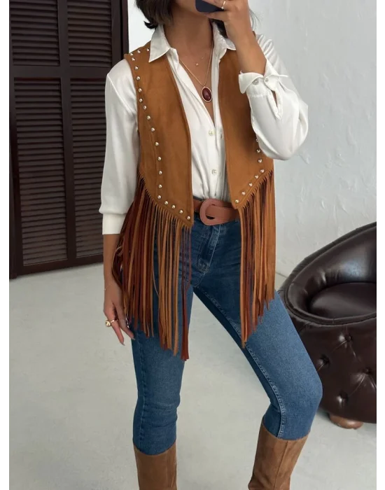 Kadın Püsküllü Süet Yelek