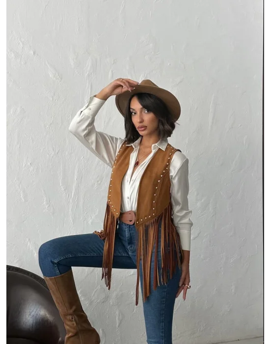 Kadın Püsküllü Süet Yelek