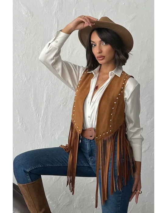 Kadın Püsküllü Süet Yelek