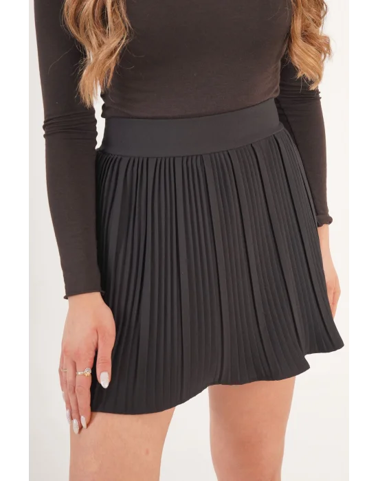 Kadın Şortlu Beli Lastikli Pileli Siyah Mini Etek