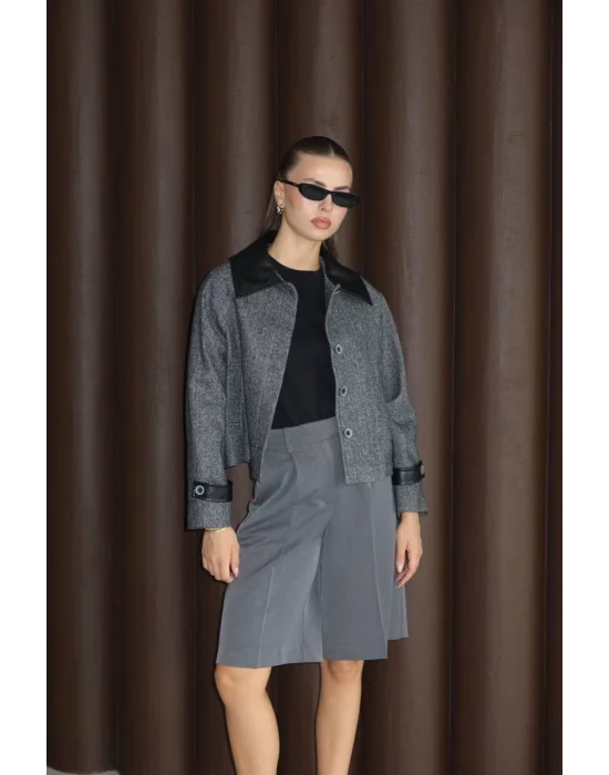 Kadın Suni Deri Garnili Balık Sırtı Ceket