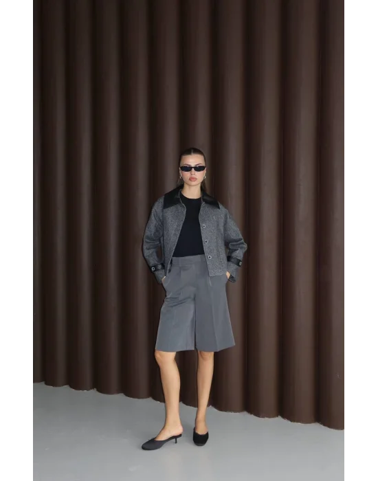 Kadın Suni Deri Garnili Balık Sırtı Ceket