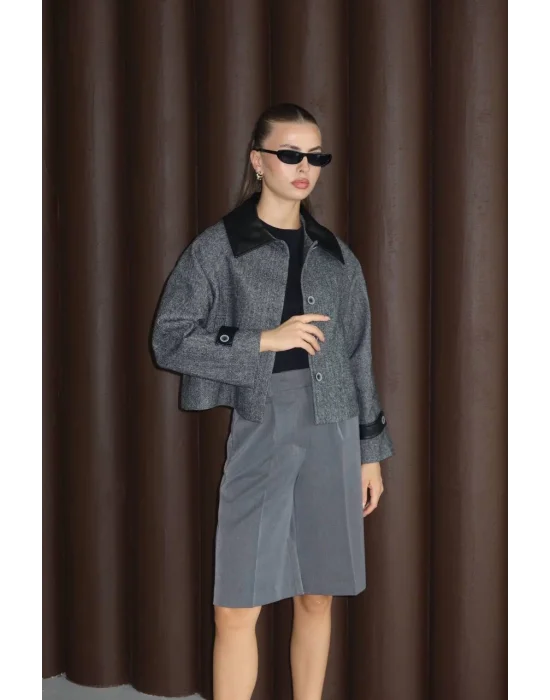 Kadın Suni Deri Garnili Balık Sırtı Ceket