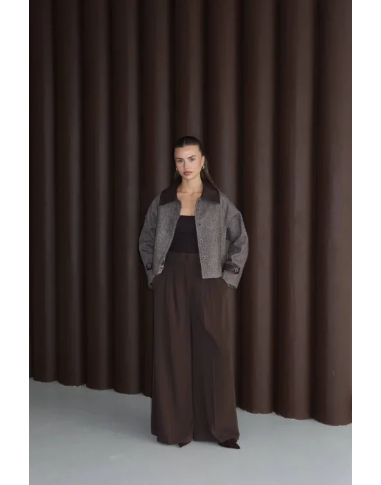 Kadın Suni Deri Garnili Balık Sırtı Ceket