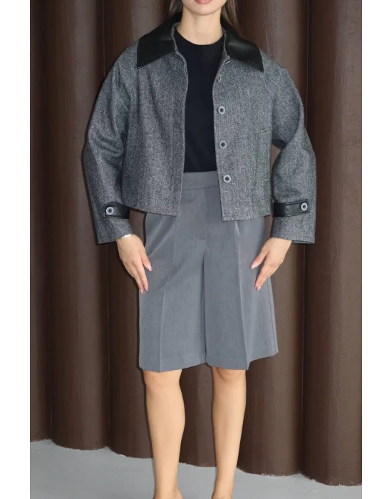 Kadın Suni Deri Garnili Balık Sırtı Ceket