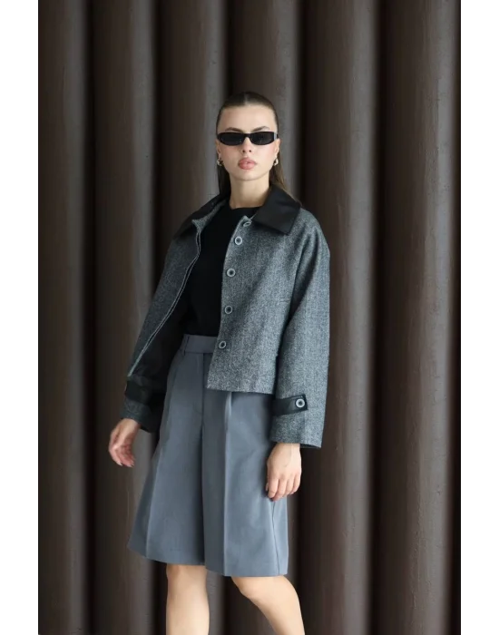 Kadın Suni Deri Garnili Balık Sırtı Ceket