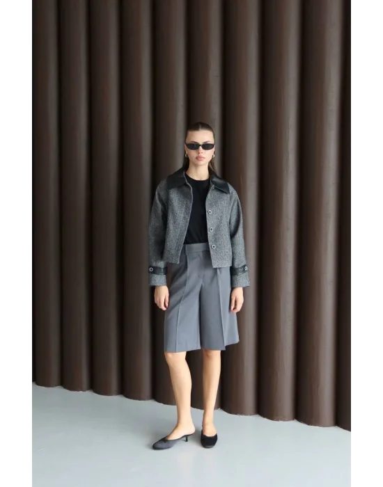 Kadın Suni Deri Garnili Balık Sırtı Ceket