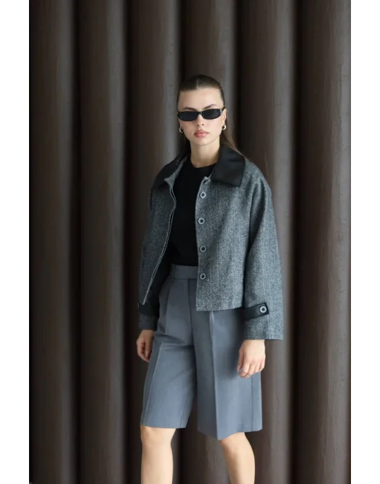 Kadın Suni Deri Garnili Balık Sırtı Ceket