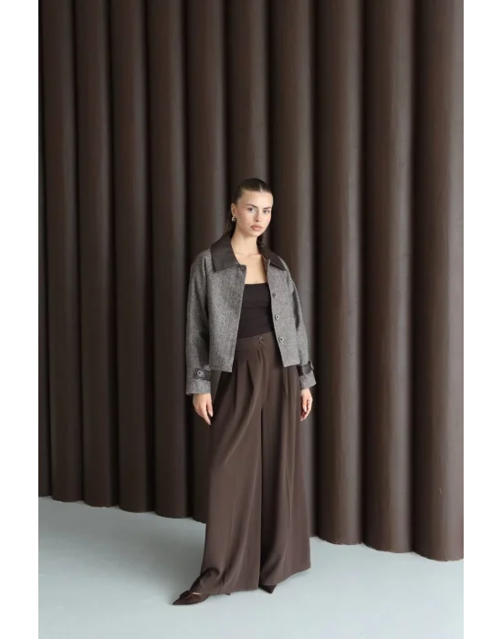 Kadın Suni Deri Garnili Balık Sırtı Ceket