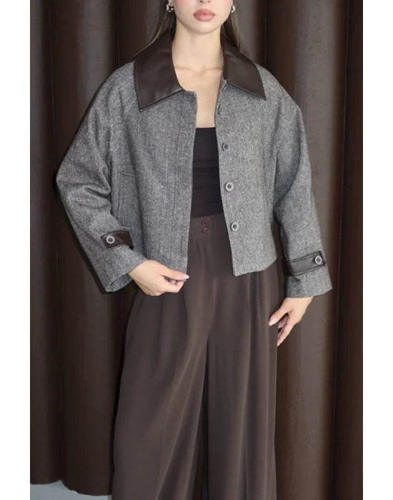 Kadın Suni Deri Garnili Balık Sırtı Ceket