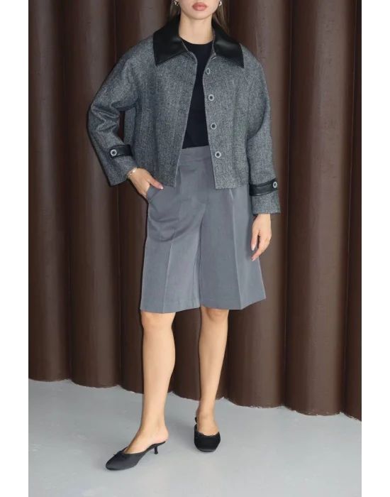 Kadın Suni Deri Garnili Balık Sırtı Ceket