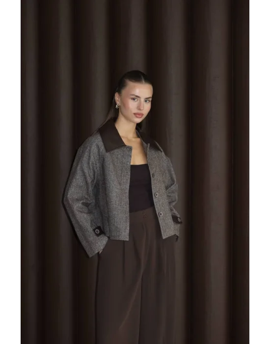 Kadın Suni Deri Garnili Balık Sırtı Ceket