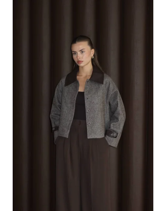 Kadın Suni Deri Garnili Balık Sırtı Ceket