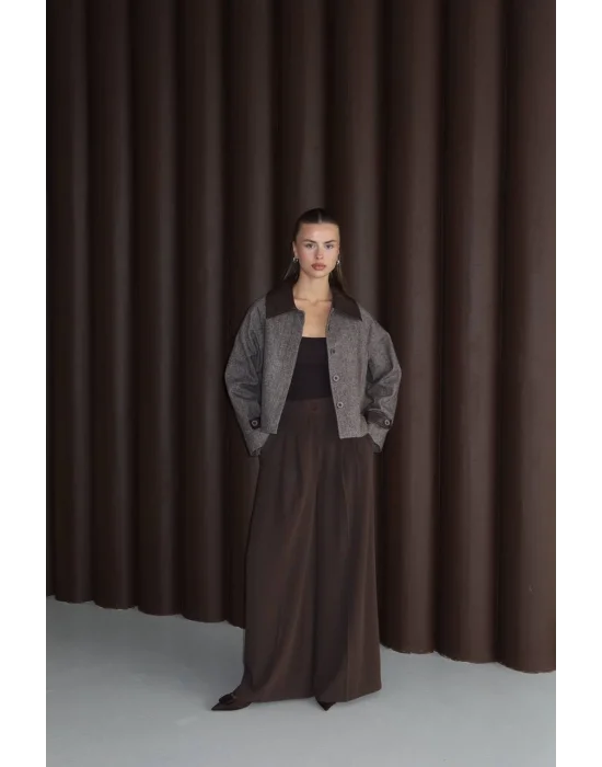 Kadın Suni Deri Garnili Balık Sırtı Ceket