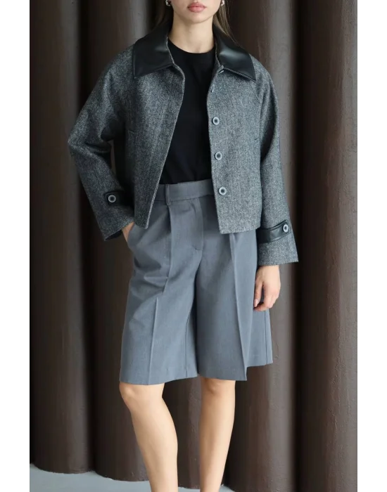 Kadın Suni Deri Garnili Balık Sırtı Ceket