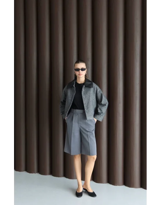 Kadın Suni Deri Garnili Balık Sırtı Ceket