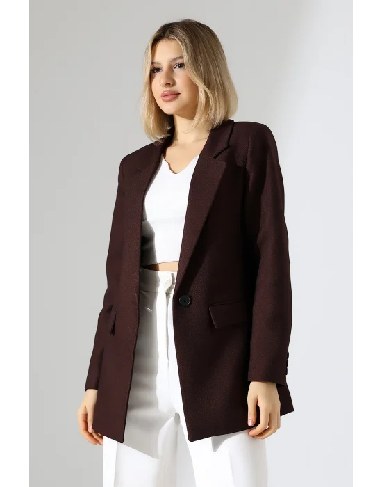 Kadın Tek Düğme Acı Kahve Blazer Ceket