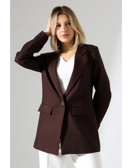 Kadın Tek Düğme Acı Kahve Blazer Ceket