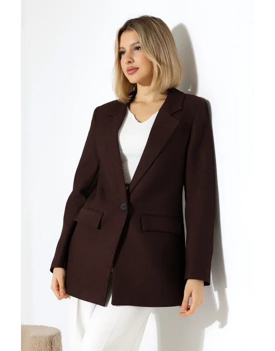 Kadın Tek Düğme Acı Kahve Blazer Ceket