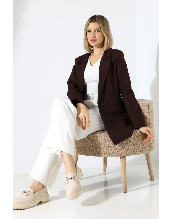 Kadın Tek Düğme Acı Kahve Blazer Ceket