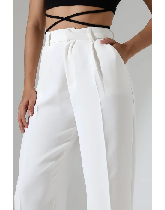 Kadın Yüksek Bel Pileli Beyaz Palazzo Pantolon