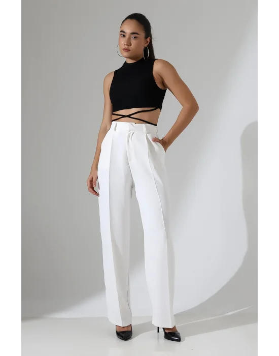Kadın Yüksek Bel Pileli Beyaz Palazzo Pantolon