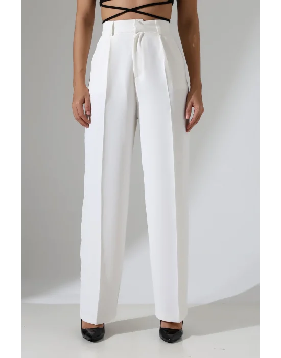 Kadın Yüksek Bel Pileli Beyaz Palazzo Pantolon
