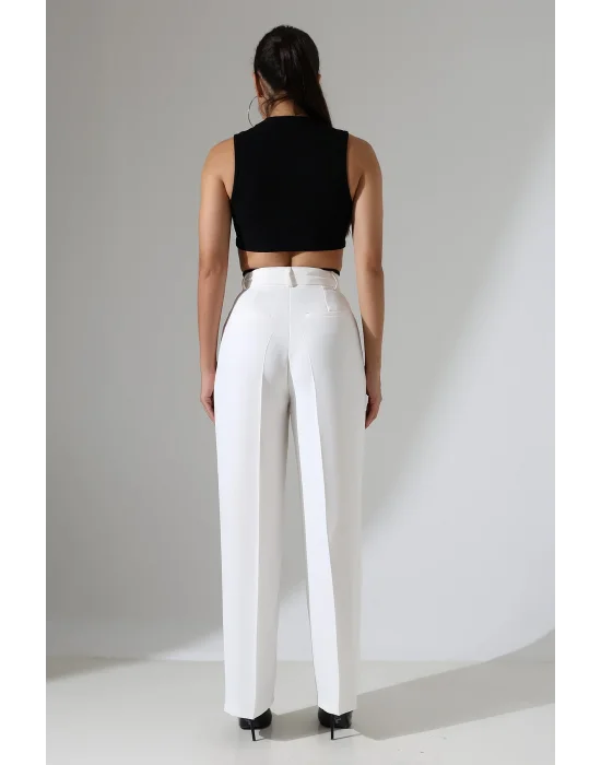 Kadın Yüksek Bel Pileli Beyaz Palazzo Pantolon