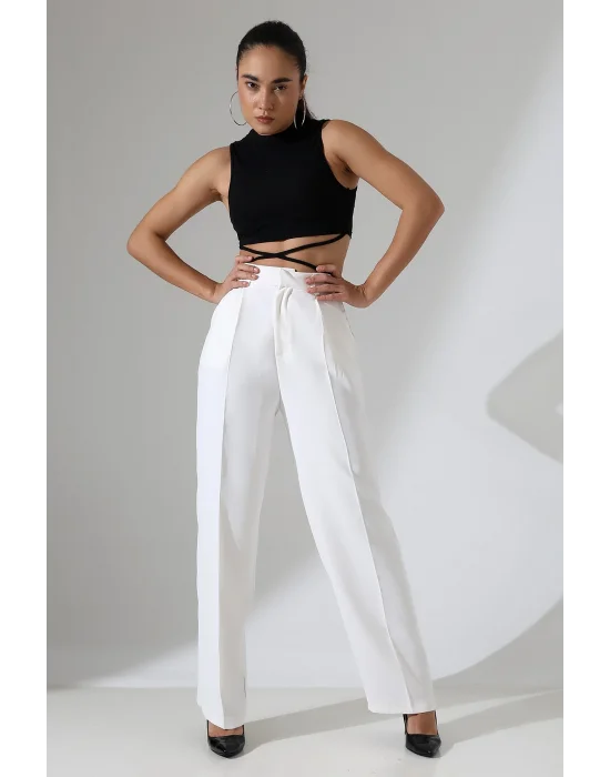 Kadın Yüksek Bel Pileli Beyaz Palazzo Pantolon