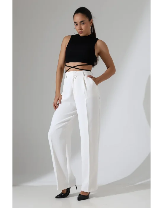 Kadın Yüksek Bel Pileli Beyaz Palazzo Pantolon