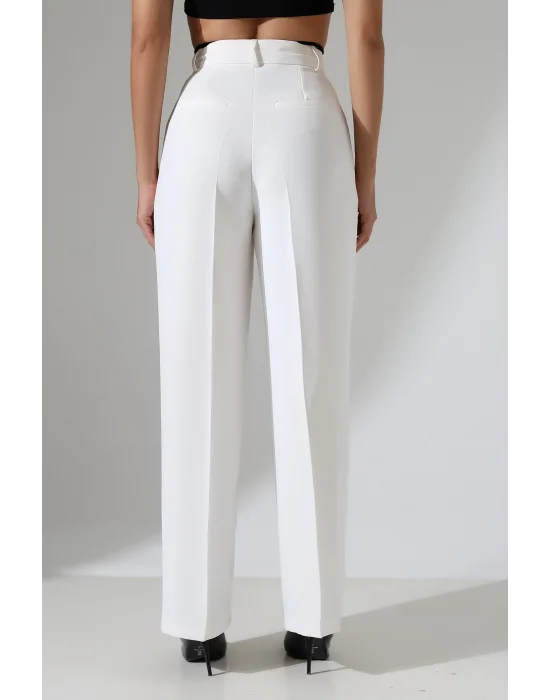 Kadın Yüksek Bel Pileli Beyaz Palazzo Pantolon