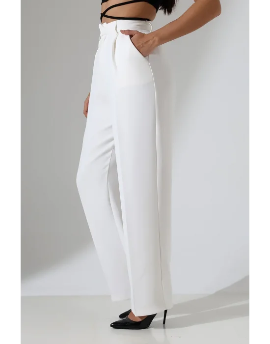 Kadın Yüksek Bel Pileli Beyaz Palazzo Pantolon
