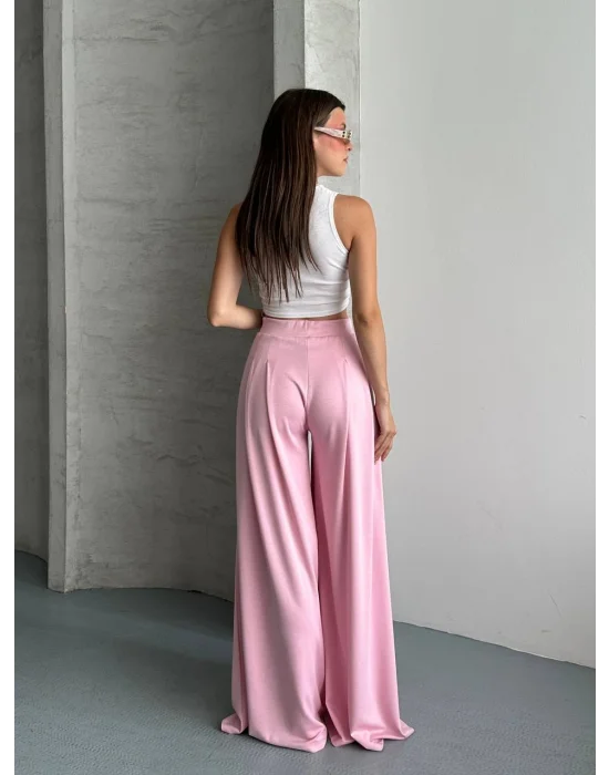 Kadın Yüksek Bel Pileli Bol Paça Pudra Pembe Pantolon