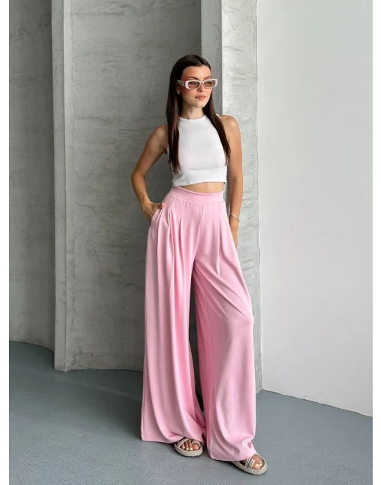 Kadın Yüksek Bel Pileli Bol Paça Pudra Pembe Pantolon