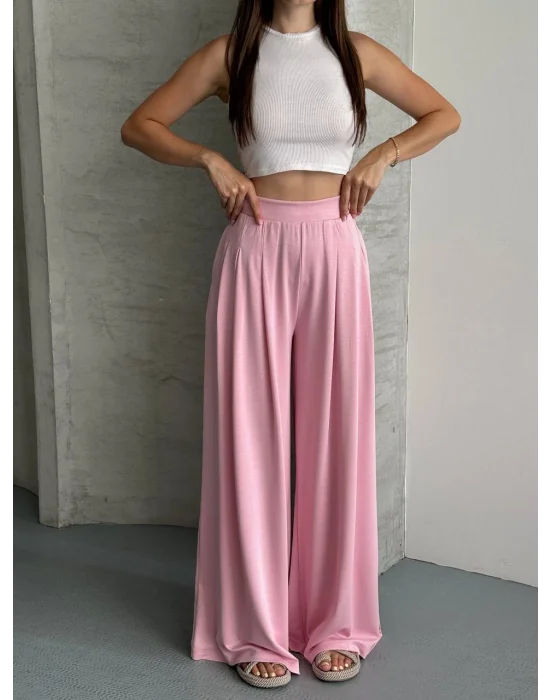 Kadın Yüksek Bel Pileli Bol Paça Pudra Pembe Pantolon