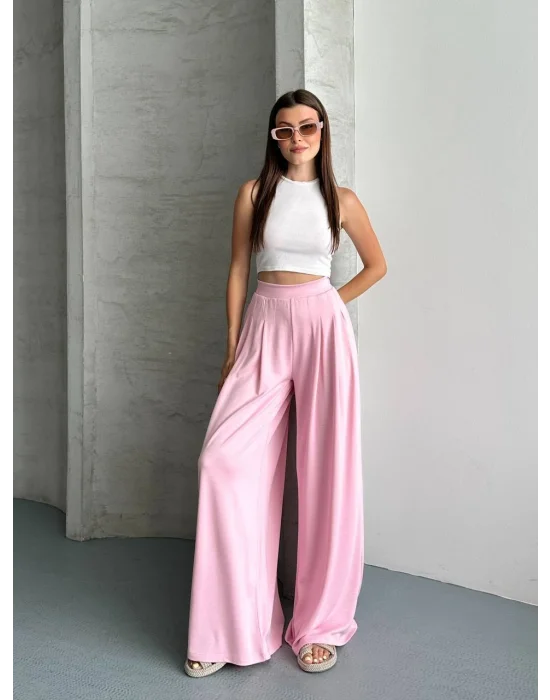 Kadın Yüksek Bel Pileli Bol Paça Pudra Pembe Pantolon