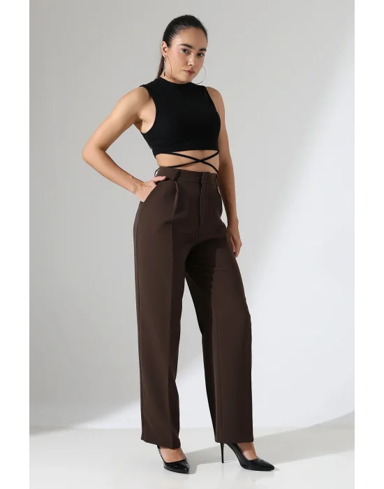 Kadın Yüksek Bel Pileli Kahve Palazzo Pantolon
