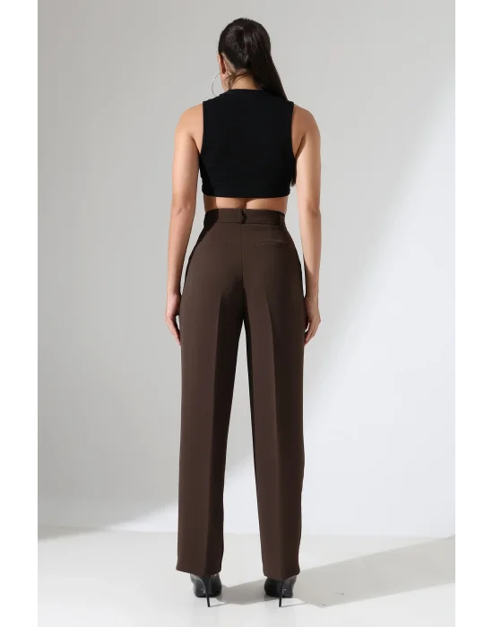 Kadın Yüksek Bel Pileli Kahve Palazzo Pantolon