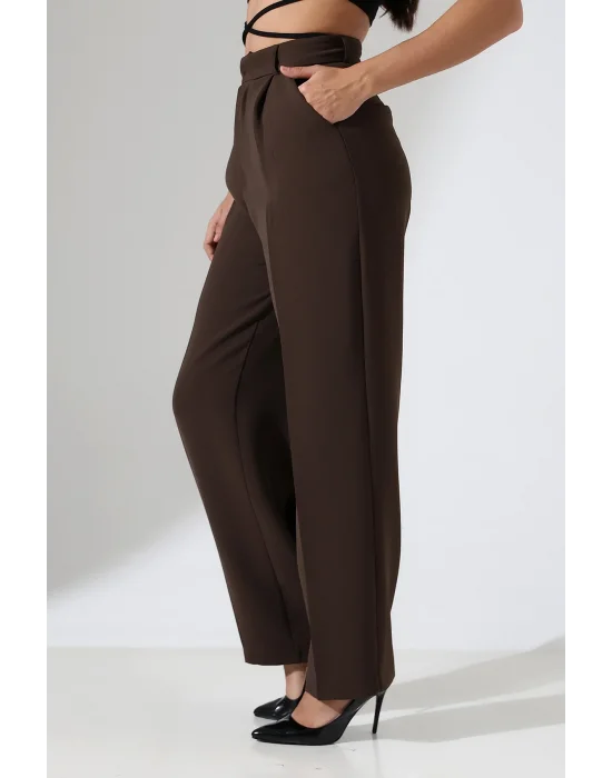 Kadın Yüksek Bel Pileli Kahve Palazzo Pantolon