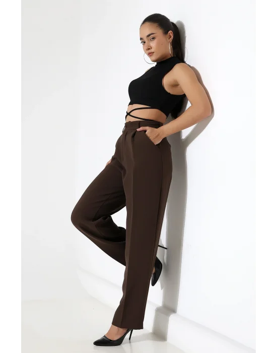 Kadın Yüksek Bel Pileli Kahve Palazzo Pantolon