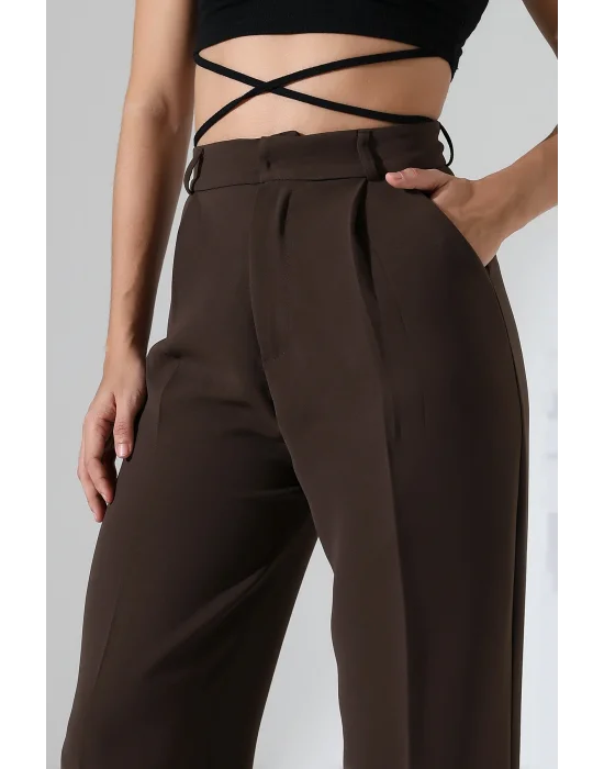 Kadın Yüksek Bel Pileli Kahve Palazzo Pantolon