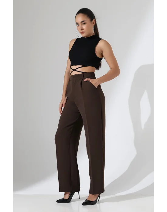 Kadın Yüksek Bel Pileli Kahve Palazzo Pantolon