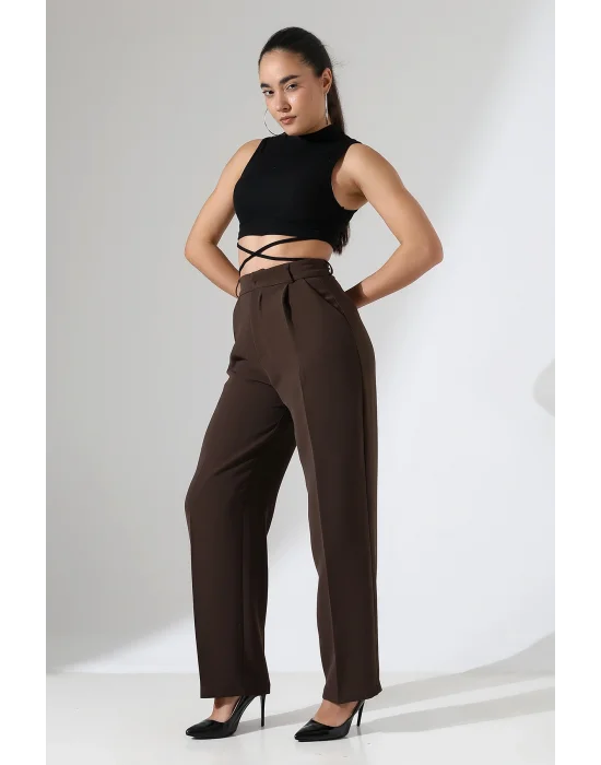 Kadın Yüksek Bel Pileli Kahve Palazzo Pantolon