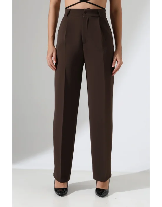Kadın Yüksek Bel Pileli Kahve Palazzo Pantolon
